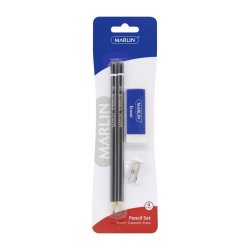 Marlin Hb Pencil Combo: 2 Hb Pencils + 1 Hole Metal Sharpener + Eraser 60X20X10MM Pack Of 12