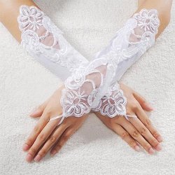 Wedding Bridal Elbow Length White Satin And Pearl Fingerless Gloves Beautifully Embroidered