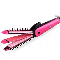 Unpre Tm Kemei 3-IN-1 Portable Hair Straightener Flat Iron Crimping Iron Curling Iron With Comb Temperature Setting