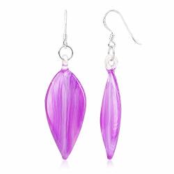 Suvani Sterling Silver Hand Blown Glass Art Jewelry Lavender Pink Leaf Curvy Long Dangle Earrings