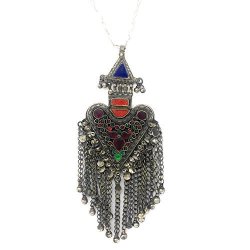 Duel On Jewel Tribal Afghani Gypsy African Statement Pendant In Red Stone With Chain Bohemian