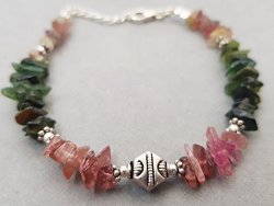 Pink Green Tourmaline Chips Bracelet With 925 Silver Findings 6.5" Gemstone Beaded Jewelry