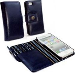 Tuff-Luv Royal Blue Striped Vintage Genuine Leather Wallet case For iPhone 5 5s