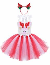 Aislor Kids Girls Christmas Costume Dress Outfit Cartoon Elk Mesh Tutu Skirt With Hair Hoop Xmas Party Fancy Dress Red&white 6-7