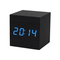 Vanvler Digital LED Alarm Clock Wood Desk Alarm Clock Voice Control Blue