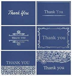 120 Elegant Thank You Cards In Navy Blue With Envelopes And Stickers - Highest Quality 6 Designs Bulk Notes Embossed With Silver Foil Letters