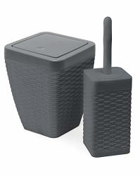 Addis Faux Rattan Square Bathroom Set Includes Swing Bin And Toilet Brush Charcoal Grey 5 Litre