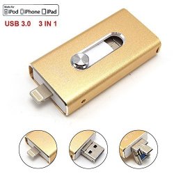 EMart Tech Tipmant Cell Phone USB 3.0 Flash Drives For Iphone 5 5S 6 6S 7 Plus Ipad 128GB Otg Ios Lightning Apple Flash Memory Stick Card Storage 3IN1 - Gold