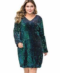 MS Style Women's Plus Size Glitter V-neck Long Sleeve Bodycon Sequin Cocktail Party Club Sparkly Evening MINI Dress Green