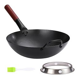 XEEYAYA Carbon Steel Wok Pan with Ring, Chinese Woks and Stir Fry Pans, 14  Large Hand Hammered Traditional Round Bottom Wok