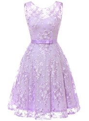 Muadress 6002 Short Lace Embroidery Homecoming Dress Sleeveless Party Dress Bowtie M Lavender
