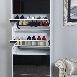 Double Capacity Mirrored Shoe Cabinet in White