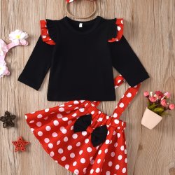 3PCS Girls Ruffle Sleeves Fly Sleeve Top & Polka Dots Suspender Skirt & Headband Set