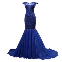 Women's Elegant Off The Shoulder Mermaid Prom Dresses Sequin Tulle Long Evening Dresses Ainidress Blue Size 16