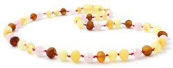 Raw Baltic Amber Teething Necklace Made With Rose Quartz Beads - Size 11 Inches 28 Cm - Unpolished Multicolor Baltic Amber Beads - Boutiqueamber