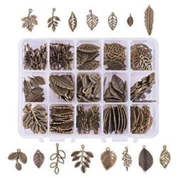 PH PandaHall 150 Pcs 15 Tree Leaf Style Antique Bronze Tibetan Alloy Charms Finding Pendants Beads Charms For Diy Jewelry Making