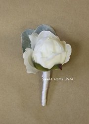Sweet Home Deco 8"W Silk White Floral Wedding Bouquet Bridal Bouquet Bridesmaid Bouquet Boutonniere White-peony Boutonniere