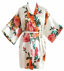 Luxurysmart Peony Floral Silk Kimono Robe Bridal Bridesmaid Robes Dressing Gown For Women White