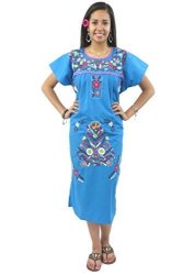Mexican Dress Puebla Hand Embroidered Aqua XL