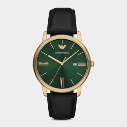 Emporio Armani Green Dial Gold Plated Black Leather Watch