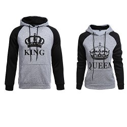 YJQ Men's Women's King Queen Matching Couple Crown Pullover Hoodie Sweatshirts Men XL + Women M Grey king+queen