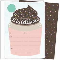 Koko Paper Co Cupcake Birthday Invitations. Set Of 25 Fill-in Style Cards And White Envelopes. Design With Write In Age Cake Topper And Cupcake