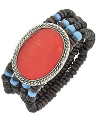 Layered Stacked Dark Brown Beads Red Large Stone Bead Stretch Bracelet Red Stone Bead