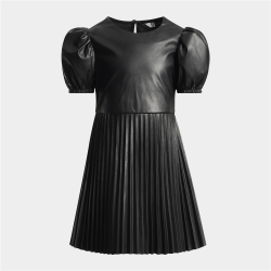 Younger Girls Pleather Puff Sleeve Pleated Dress