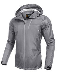 Coofandy Men's Lightweight Outdoor Waterproof Rain Jacket Packable Hooded Sports Raincoat Grey Medium