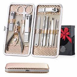 12PC Womens Manicure Kit In Deluxe Rose Gold Leather Travel Case. Steel Clippers Trimmers Tweezers For Beautiful Nails Pedicure. Compact 6X3" Rose Gold