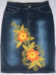 Designer Jean - Denim Pencil Skirt With Striking Floral Detail - Size 12 Skirt
