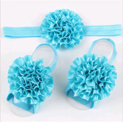 Baby Chiffon Bow & Headband With Matching Ribbon "shoes " - Blue - Pearl And Rhinestone Detail