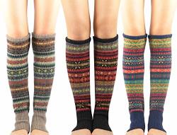 Zando Women Girls Bohemian Long Leg Warmer Winter Fashion Knitted Warm Boot Thigh High Socks A Black & Khaki & Navy One Size