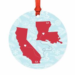 Andaz Press Round Keepsake Christmas Ornament Long Distance Gift California And Louisiana Winter Blue And Red 1-PACK Metal Moving Away Graduation University College Gifts