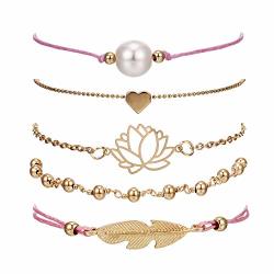 Vonru Beaded Bracelets For Women - Adjustable Charm Pendent Stack Bracelets For Women Girl Friendship Gift Rose Quartz Bracelet Links With Pearl Golds Plated