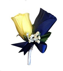 Boutonniere - Navy Blue Rose With Yellow Rose Boutonniere With Pin For Prom Party Wedding