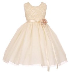 Little Igirldress Girls Two Tone Lace Satin Ribbons Corsage Flower Girl Dress Champagne 4