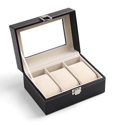 Hoyofo 3 Slots Pu Leather Watch bracelet Display Box Glass Top Jewelry Case Organizer For Men