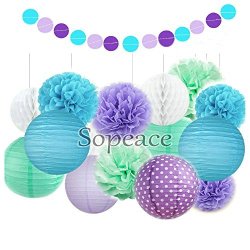 Sopeace 16 Pack Tissue Pom Poms Flowers Paper Lanterns And Polka Dot Paper Garland For Mermaids Under The Sea Theme Bridal Shower Wedding Ball