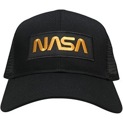 Nasa Worm Gold Text Embroidered Iron On Patch Snapback Trucker Mesh Cap - Black
