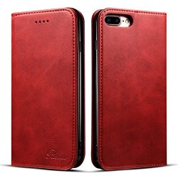 Iphone 7 Plus Case - Rssviss Simple Retro Style Handmade Soft Leather Flip Wallet Case Magnetic Closure Credit Card Slot For Iphone 8 Plus 5.5 Inch- Red