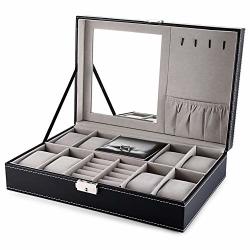 Ishoot Watch Jewelry Case Multifunctional Display Box Pu Leather Storage Holder Organizer Collecting 8 Grids + Jewelry Clips With Mirror For Men women 30.50X20.50X8.00CM Large