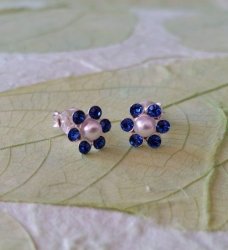 Genuine Sterling Silver Blue Crystal And Faux Pearl Flower Stud Earrings