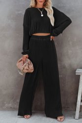 Black Corded Cropped Pullover And Wide Leg Pants Set - XL SA38 UK14