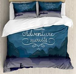 Ambesonne Adventure Awaits Duvet Cover Set King Size Kayak In A Mountain Lake At Night Camping Activity Lifestyle Quote Decorative 3 Piece Bedding Set