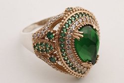 Turkish Ottoman Style Sultan's Collection Jewelry Drop Shape Pear Cut Emerald And Round Cut Topaz 925 Sterling Silver Ring Size All