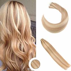 Ugeat 24INCH Highlighted Tape In Hair Extensions Strawberry Blonde With Bleach Blonde Double Weft Tape In Hair Extensions 50 Gram Tape On Hair