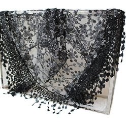 Yumian Women Lace Triangle Scarf Veil Sheer Floral Scarf Triangle Veil Church Mantilla Scarves Shawl Wrap Tassel 16 Black
