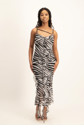 Keira Cowl Neck Ruffle Dress - Black Zebra Print - S