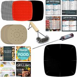 Large Air Fryer Parchment Squares & Cookbook Accessory For Basket Compatible With Philips Power Zeny & More - Airfryer Accessories With Silicone Mat Thermometer & Grill Brush
